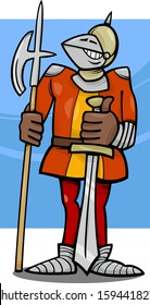 Cartoon Vector Illustration of Funny Knight in Armor with Sword and Halberd