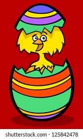 Cartoon Vector Illustration of Funny Little Yellow Chicken or Chick in Colorful Eggshell of Easter Egg