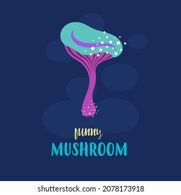 cartoon vector illustration with funny magic mushroom and lettering on dark background, happy halloween card, autumn concept, flat design