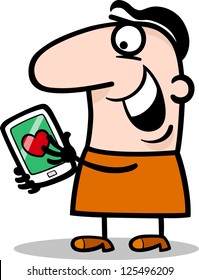 Cartoon Vector Illustration of Funny Man Reading Love Message or Valentine on his Tablet PC for Valentines Day