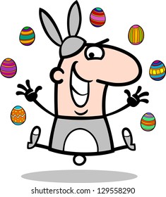 Cartoon Vector Illustration of Funny Man in Easter Bunny Costume with Easter Eggs