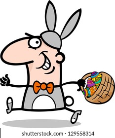 Cartoon Vector Illustration of Funny Man in Easter Bunny Costume running with Easter Eggs in a Basket