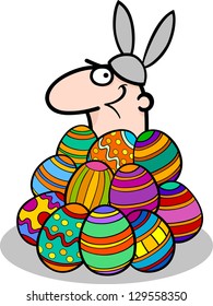 Cartoon Vector Illustration of Funny Man in Easter Bunny Costume in Easter Eggs heap