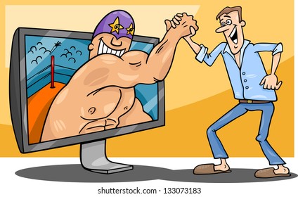 Cartoon Vector Illustration of Funny Man with Wrestler for tv or Watching Interactive Digital Television or Playing Video Game