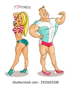 Cartoon vector illustration. Cartoon funny man and woman posing, showing excellent athletic shape.
