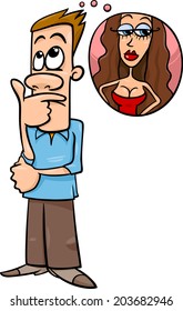 Cartoon Vector illustration of Funny Man Thinking about Beautiful Woman