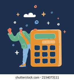 Cartoon vector illustration of funny man hold calculator over dark backround.