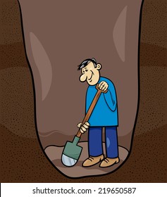 Cartoon Vector Illustration Of Funny Man Digging A Big Hole