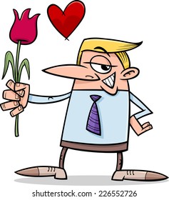 Cartoon Vector Illustration of Funny Man in Love with Flower