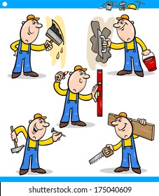 Cartoon Vector Illustration of Funny Manual Workers doing Repairs at Work Characters Set