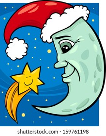 Cartoon Vector Illustration of Funny Moon as Santa Claus Character with Christmas Star