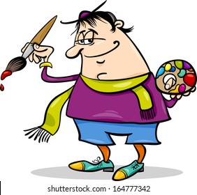 Cartoon Vector Illustration of Funny Painter Artist with Palette and Brush