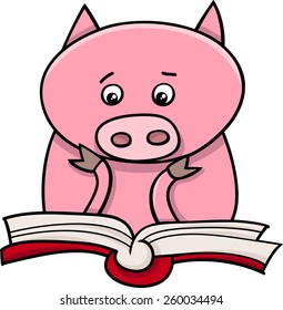 Cartoon Vector Illustration of Funny Pig Animal Character Learning and Reading a Book