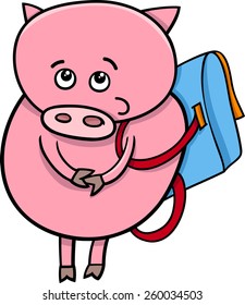 Cartoon Vector Illustration of Funny Pig Animal Character Going to School with Satchel