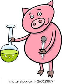 Cartoon Vector Illustration of Funny Pig Animal Character on Chemistry Lesson with Vial