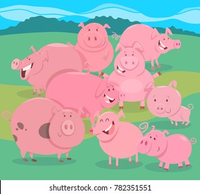 Cartoon Vector Illustration of Funny Pigs Farm Animal Comic Characters Group
