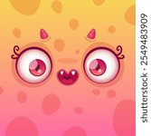 Cartoon vector illustration of a funny pink monster face with big eyes, little horns, and open mouth, smiling on a gradient background with circles