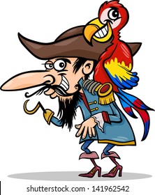 Cartoon Vector Illustration of Funny Pirate or Corsair with Hook and Parrot
