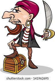 Cartoon Vector Illustration of Funny Pirate or Corsair with Sword and Treasure Chest