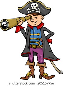 Cartoon Vector Illustration of Funny Pirate or Corsair Captain Boy with Spyglass and Jolly Roger Sign