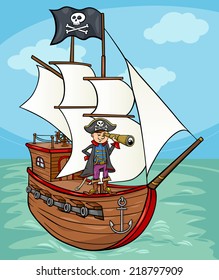 Cartoon Vector Illustration of Funny Pirate Captain with Spyglass and Ship with Jolly Roger Flag