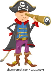 Cartoon Vector Illustration of Funny Pirate or Corsair Captain Boy with Spyglass and Jolly Roger Sign