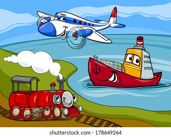Cartoon Vector Illustration of Funny Plane and Train and Ship Transport Comic Characters Group