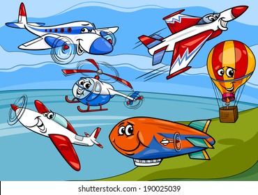 Cartoon Vector Illustration of Funny Planes and Aircraft Characters Group