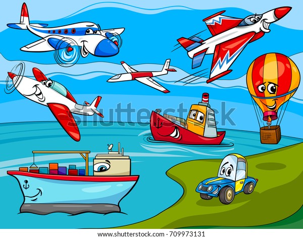 Cartoon Vector Illustration of Funny\
Planes and Ships Transportation Characters\
Group