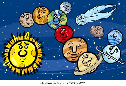 Cartoon Vector Illustration of Funny Planets of Solar System Space Mascot Characters Group