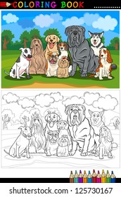 Cartoon Vector Illustration of Funny Purebred Dogs like Bull Terrier, Collie, Bulldog, Maltese, Beagle, Spaniel and Husky for Coloring Book or Coloring Page