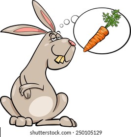 Cartoon Vector Illustration of Funny Rabbit Dreaming about Carrot