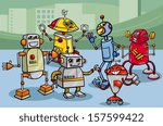Cartoon Vector Illustration of Funny Robots or Droids Group