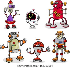 Cartoon Vector Illustration of Funny Robots or Droids Fantasy Set