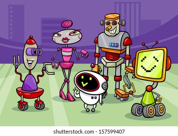 Cartoon Vector Illustration of Funny Robots or Droids Group