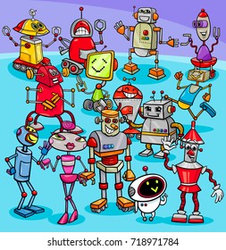 Cartoon Vector Illustration of Funny Robots Fantasy Characters Big Group