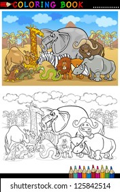 Cartoon Vector Illustration of Funny Safari Wild Animals like Elephant, Rhino, Lion, Zebra, Giraffe and Monkey for Coloring Book or Coloring Page