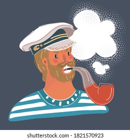 Cartoon vector illustration of funny sailor man with tobacco pipe in her mouth. Captains face on dark background.