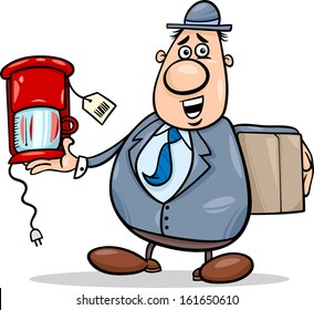 Cartoon Vector Illustration of Funny Salesman or Bagman with Coffee Maker