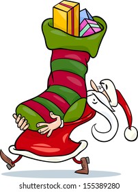 Cartoon Vector Illustration of Funny Santa Claus Character with Big Sock Full of Christmas Presents and Gifts