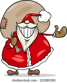 Cartoon Vector Illustration of Funny Santa Claus Character with Sack Full of Christmas Presents and Gifts