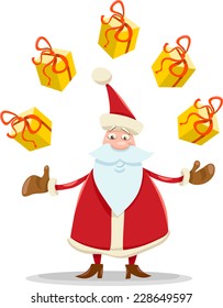 Cartoon Vector Illustration of Funny Santa Claus Juggling Christmas Presents