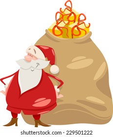 Cartoon Vector Illustration of Funny Santa Claus with Huge Sack Full of Christmas Presents