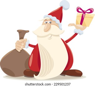 Cartoon Vector Illustration of Funny Santa Claus with Sack and Christmas Gift