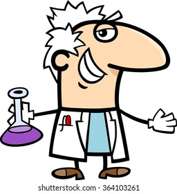 Cartoon Vector Illustration of Funny Scientist with Mixture in Vial