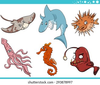 Cartoon Vector Illustration of Funny Sea Life Animals Set