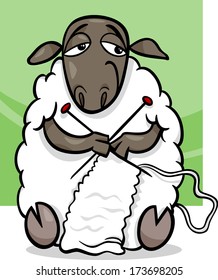 Cartoon Vector Illustration of Funny Sheep Farm Animal Knitting