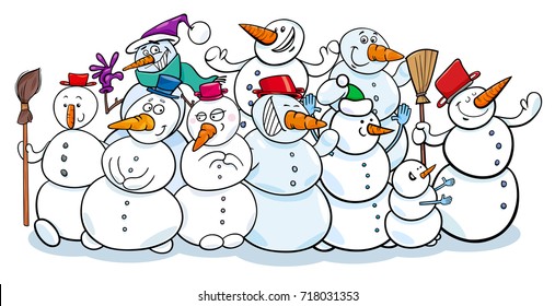 Cartoon Vector Illustration of Funny Snowmen Fantasy Characters Group