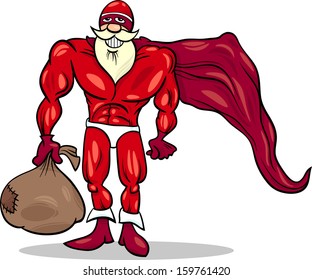 Cartoon Vector Illustration of Funny Superhero or Hero Santa Claus Character with Sack Full of Christmas Presents