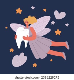 Cartoon vector illustration of Funny cartoon Tooth Fairy. Cute girl with fair hair and wings. Fairy in blue dress with tooth print. Illustration for kids and children over dark backround